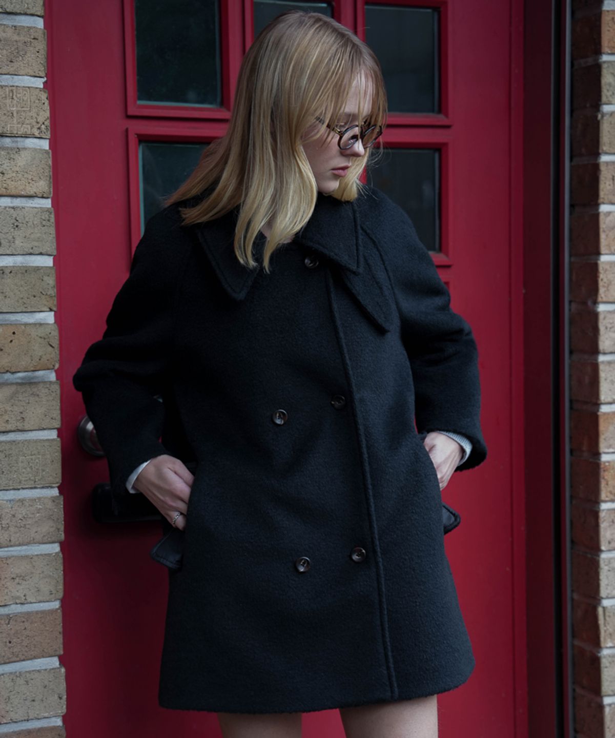 드헤베(DEHEVE) Wool Double Half Coat [Black]