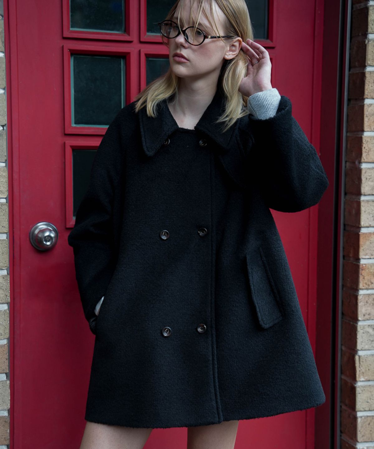 드헤베(DEHEVE) Wool Double Half Coat [Black]
