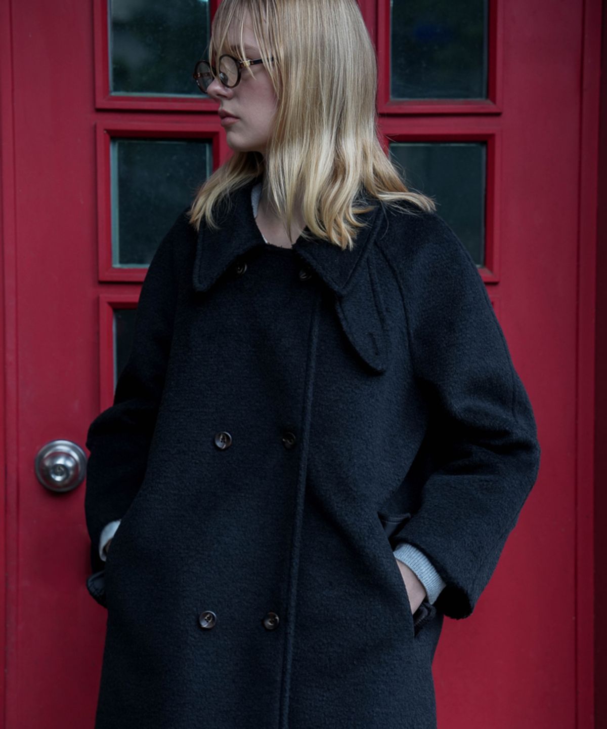 드헤베(DEHEVE) Wool Double Half Coat [Black]