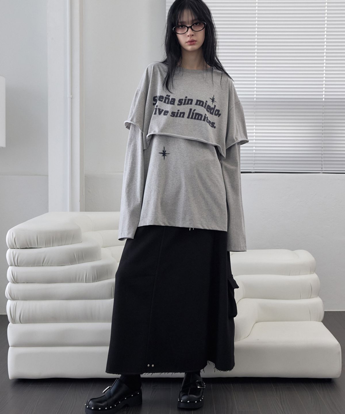 렌세(RENSE) Raw Cut Layered Long Sleeve Tee Melange Gray