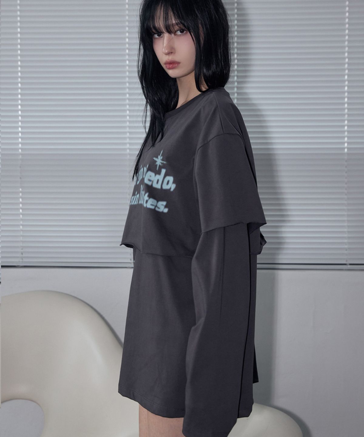 렌세(RENSE) Raw Cut Layered Long Sleeve Tee Charcoal