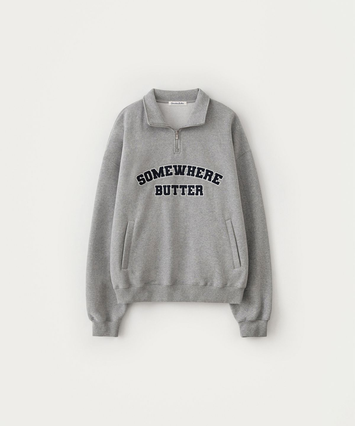 썸웨어버터(SOMEWHEREBUTTER) Square Logo Half Zip-Up Sweatshirt - Grey