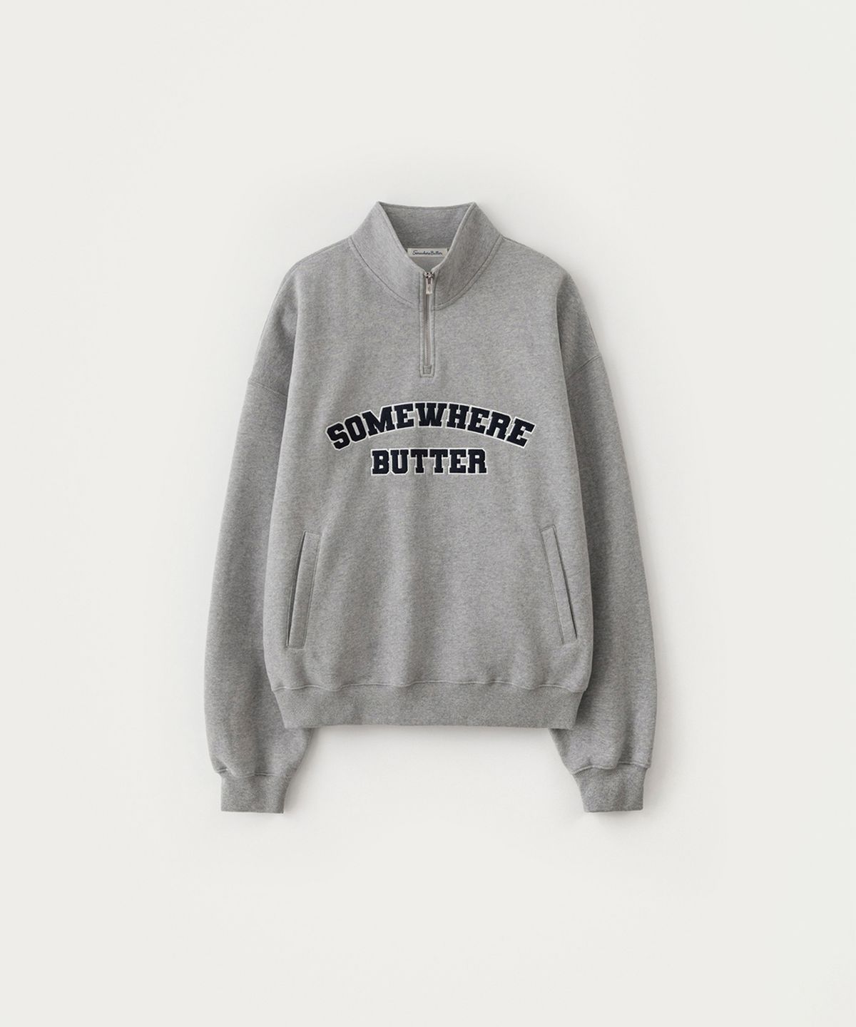 썸웨어버터(SOMEWHEREBUTTER) Square Logo Half Zip-Up Sweatshirt - Grey