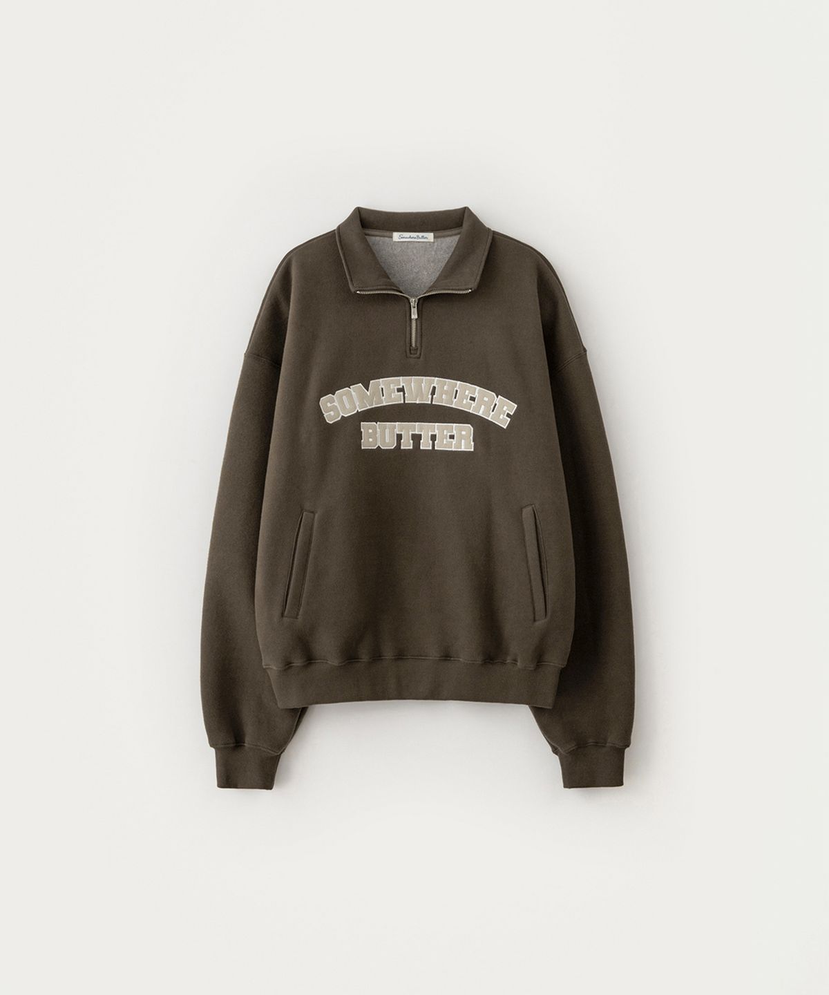 썸웨어버터(SOMEWHEREBUTTER) Square Logo Half Zip-Up Sweatshirt - Brown