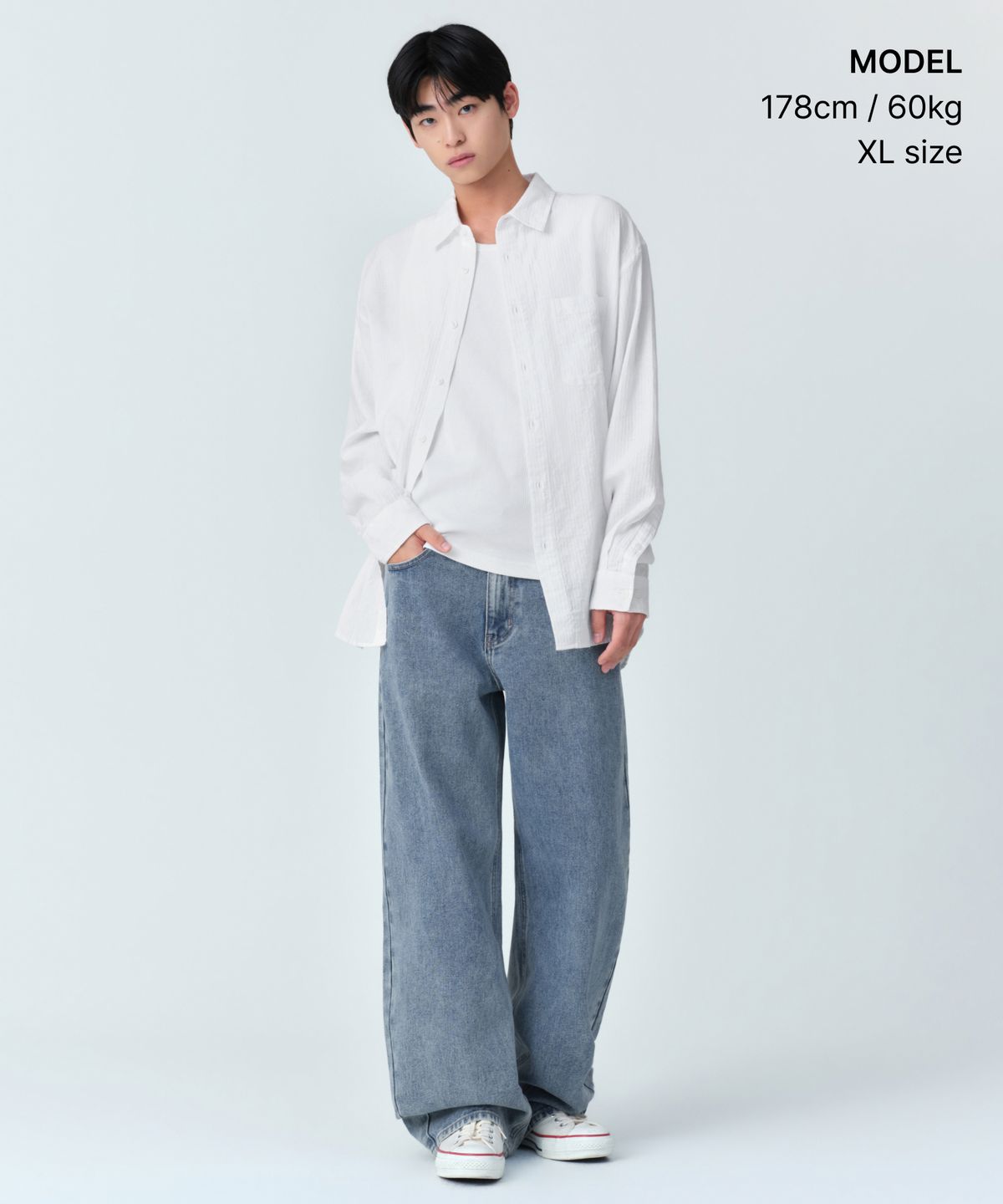 무신사 스탠다드(MUSINSA STANDARD) 릴렉스드 크링클 헤링본 셔츠 [화이트]