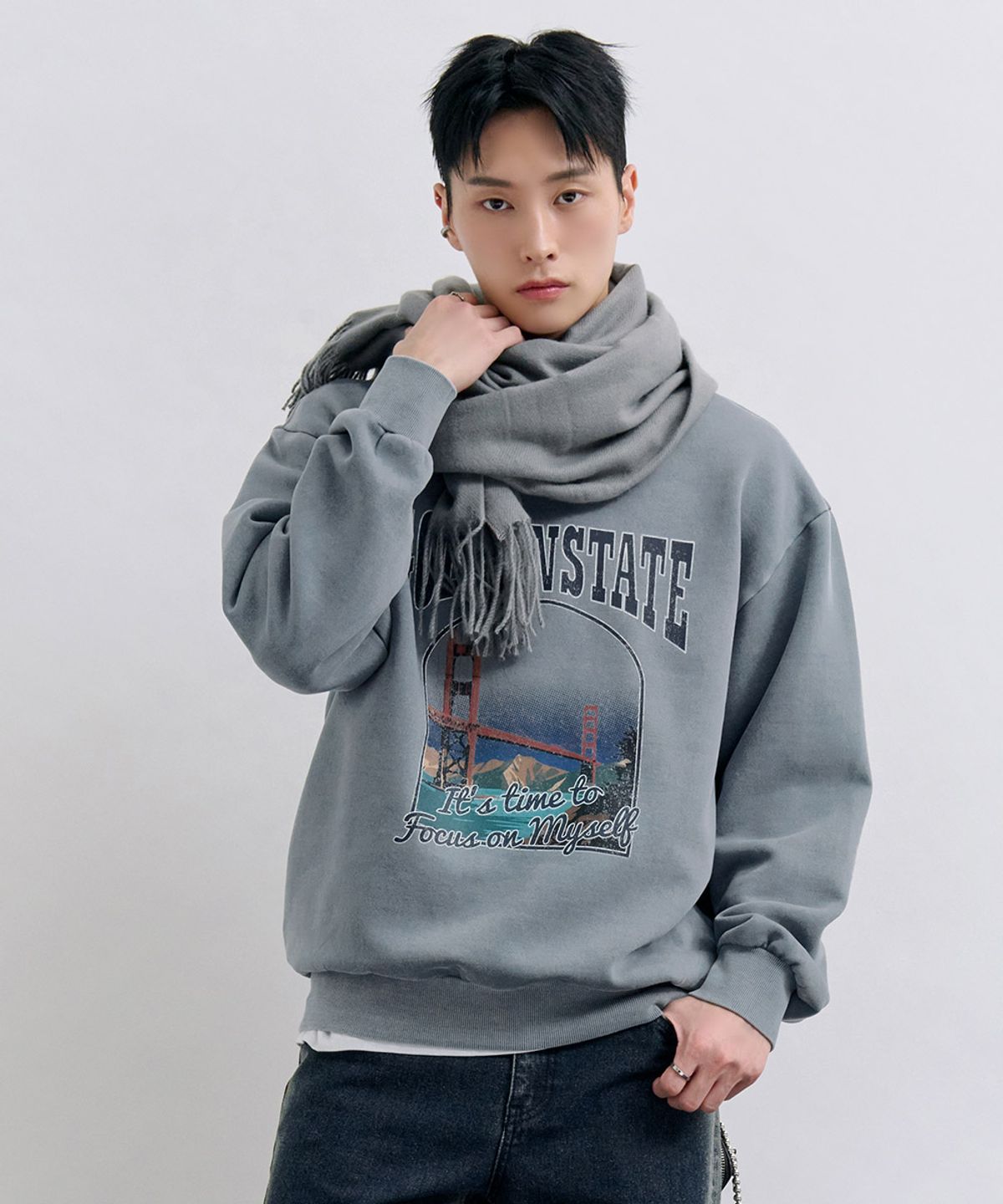 체이스컬트(CHASECULT) 남성 기모 피그먼트 그래픽 맨투맨 티셔츠-그린
