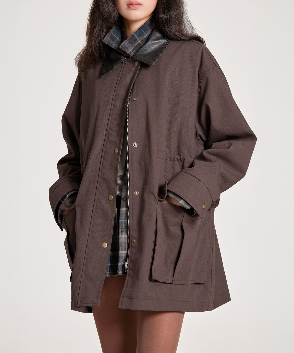 런던다다(LONDONDADA) LEATHER COLLAR OXFORD WORK JACKET, BROWN