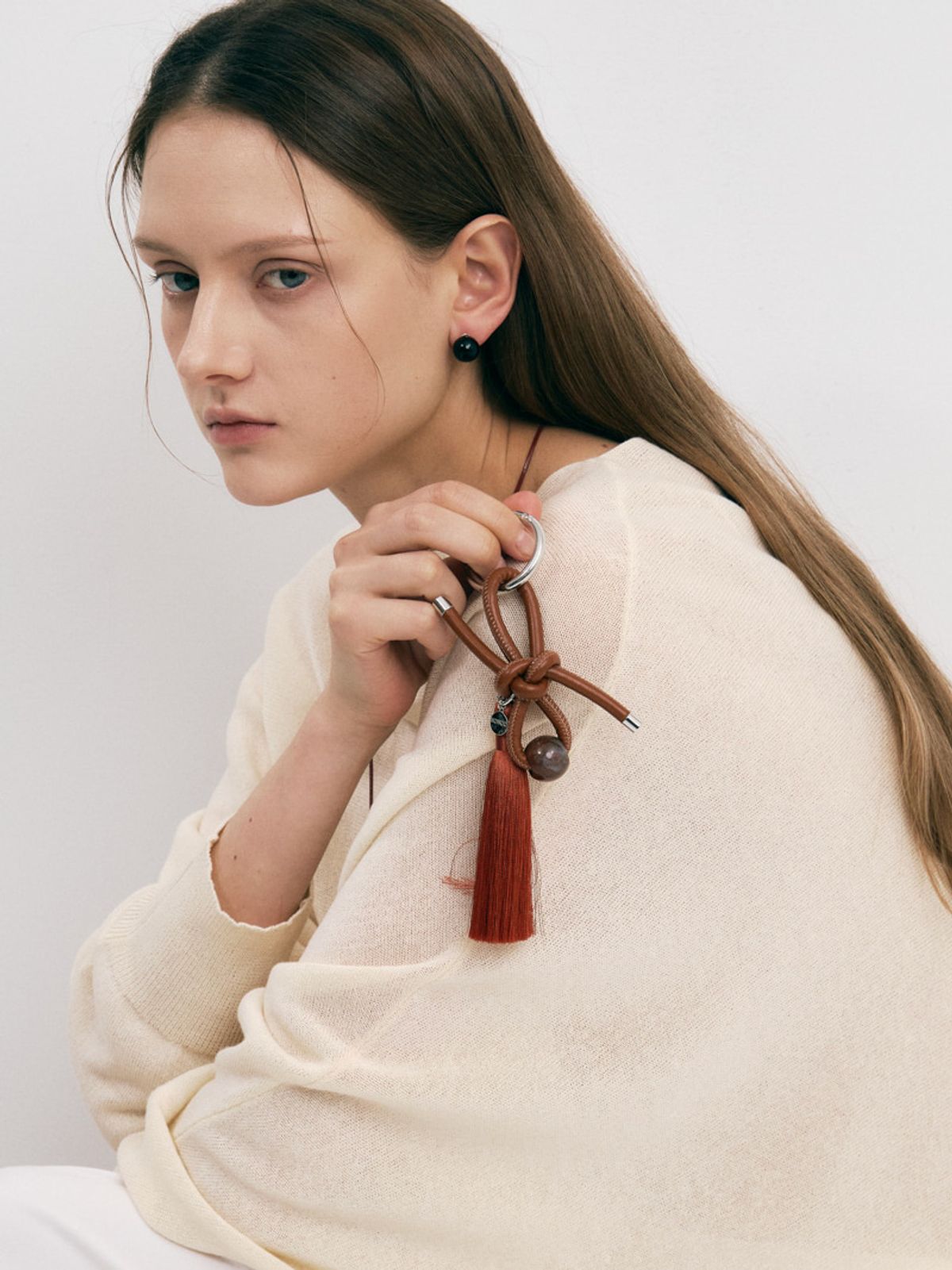 소수(SOSOO) Ribbon Lether Stone Tassel Key-ring