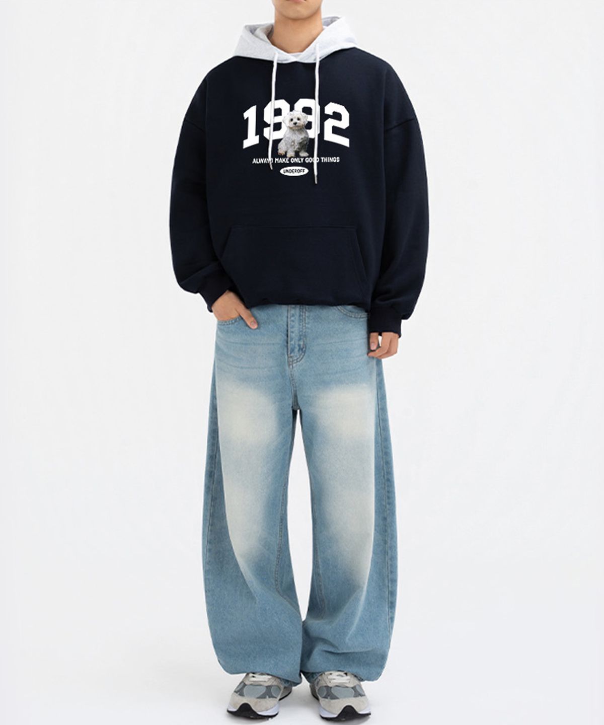 언더오프(UNDEROFF) 피치스킨 에센셜 컬러 배색 1992퍼피 기모 후디