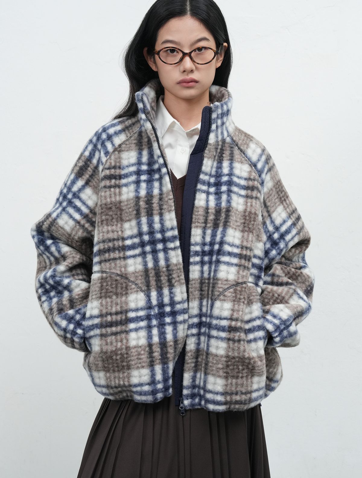 제너럴아이디어(GENERALIDEA) UNISEX 웜 체크 플리스 집업 점퍼 [NAVY] / SBE3U07013