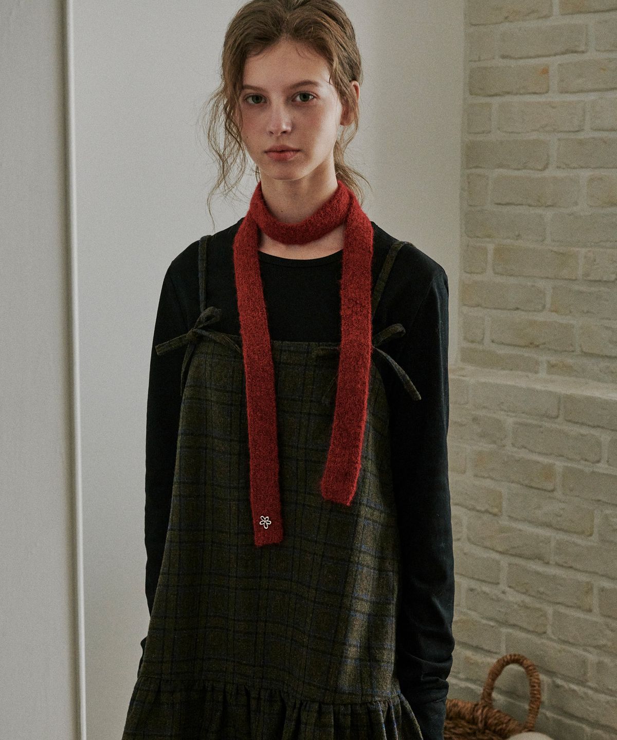 벨로엘(BELLOL) Flare ribbon check dress BROWN