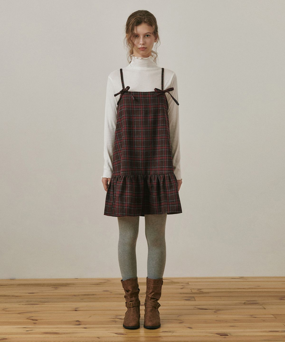 벨로엘(BELLOL) Flare ribbon check dress WINE