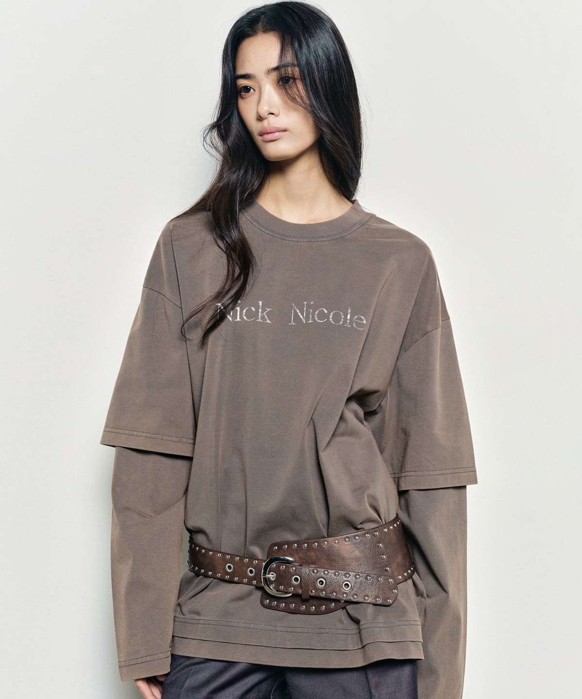 닉앤니콜(NICK&NICOLE) NICOLE DESTROYED LAYERED LONG SLEEVE TOP_CHARCOAL