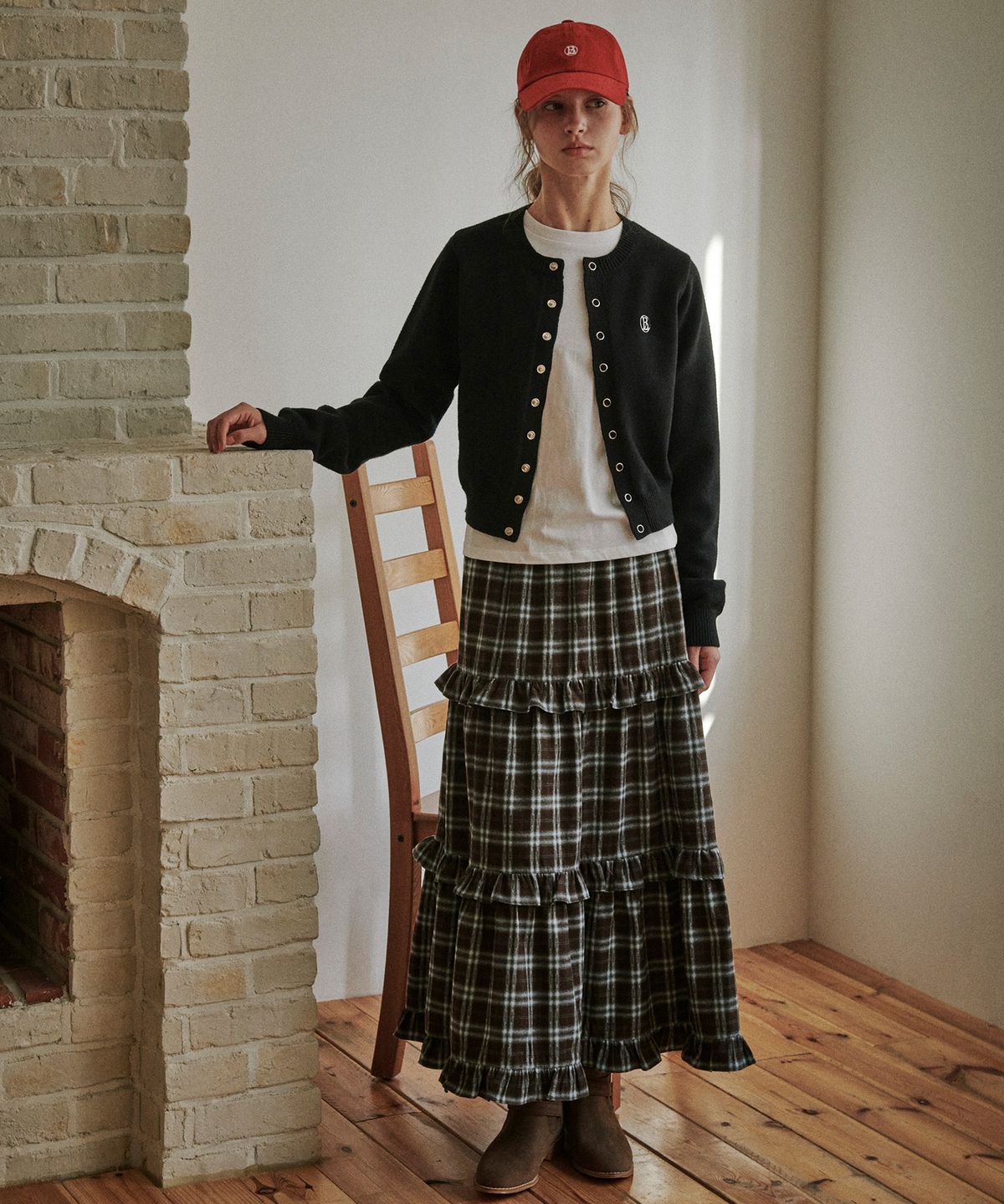 벨로엘(BELLOL) Winter shirring long skirt check BROWN