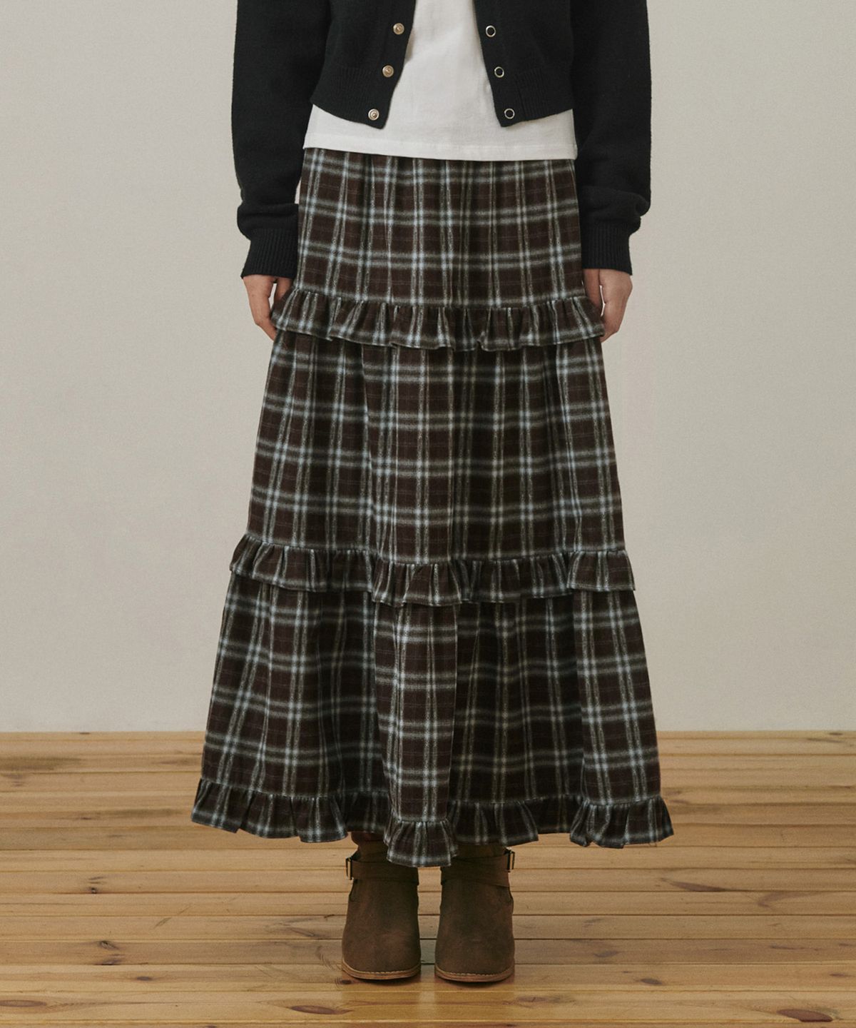 벨로엘(BELLOL) Winter shirring long skirt check BROWN