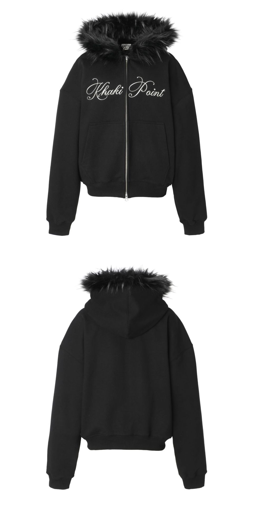 MUSINSA | KHAKIPOINT Lettering Fur Hood Zip-up (black)