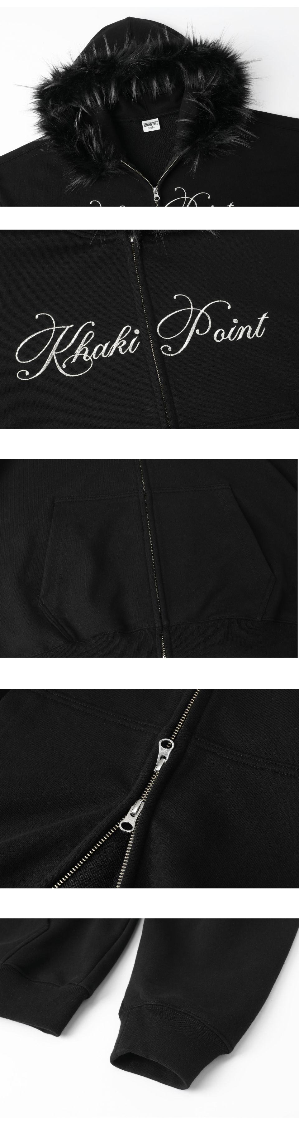 MUSINSA | KHAKIPOINT Lettering Fur Hood Zip-up (black)