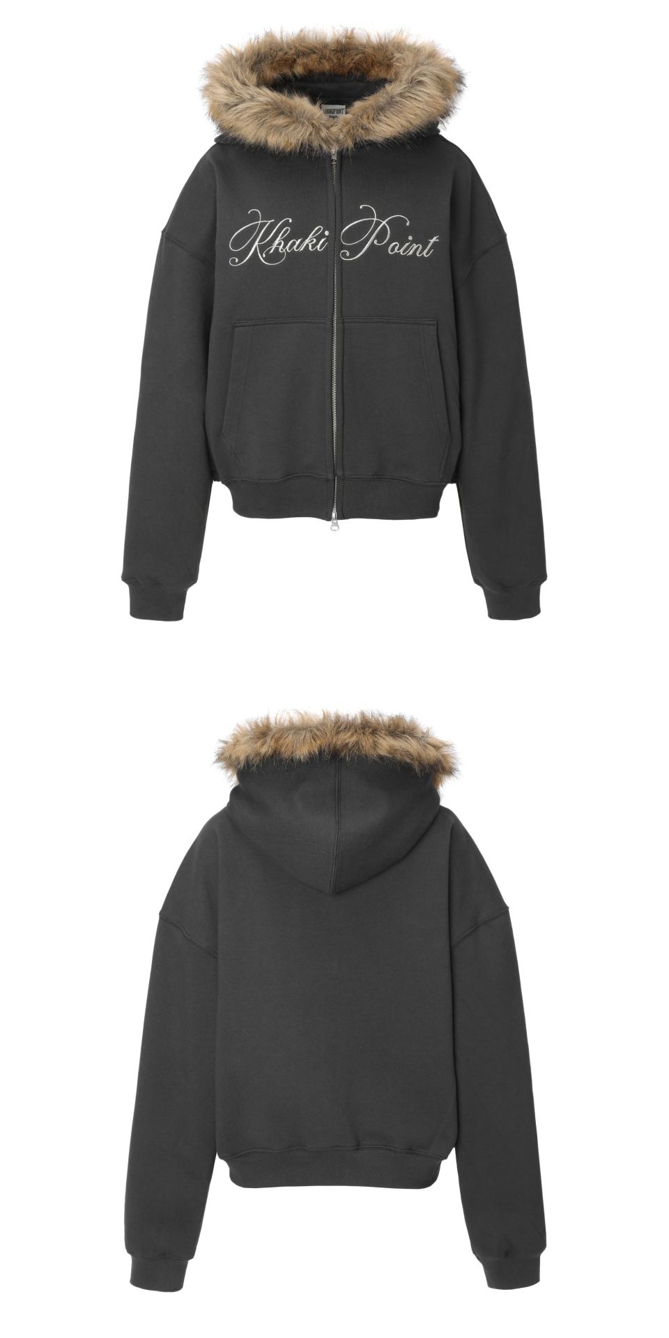 MUSINSA | KHAKIPOINT Lettering Fur Hood Zip-up (charcoal)