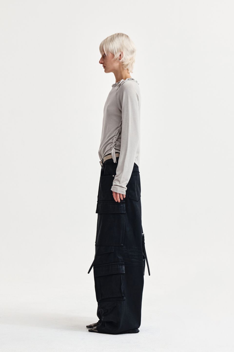MUSINSA | MATIN KIM WEAVING LONG SLEEVE TOP IN LIGHT GREY