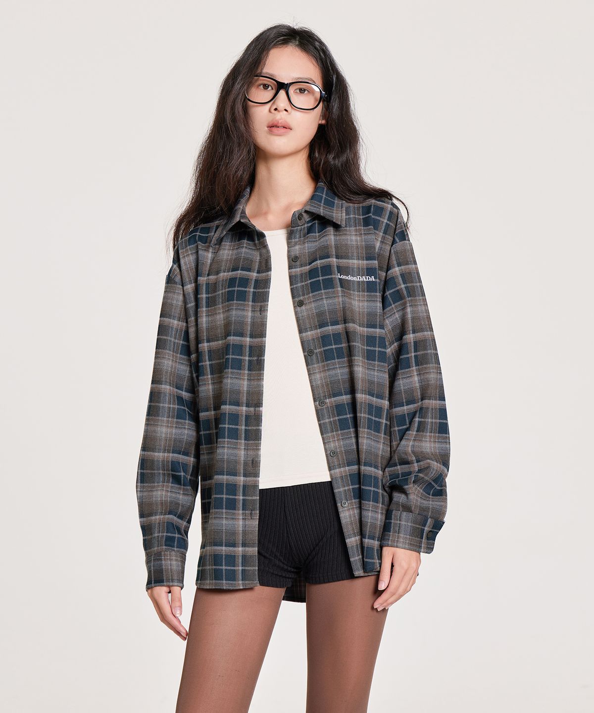런던다다(LONDONDADA) LETTERING EMBROIDERED VINTAGE LOOSE-FIT CHECK SHIRT, GREEN