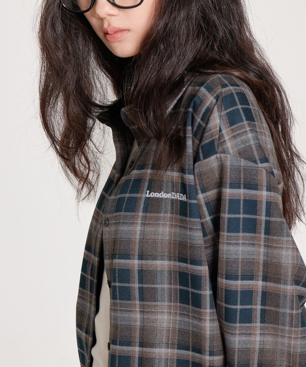 런던다다(LONDONDADA) LETTERING EMBROIDERED VINTAGE LOOSE-FIT CHECK SHIRT, GREEN
