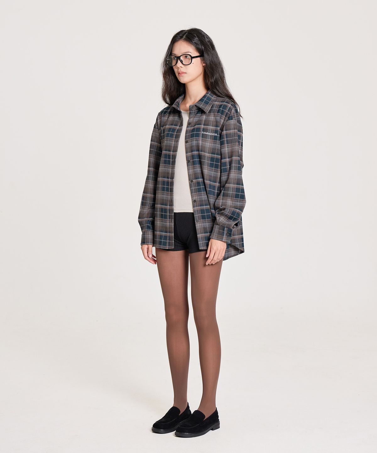 런던다다(LONDONDADA) LETTERING EMBROIDERED VINTAGE LOOSE-FIT CHECK SHIRT, GREEN