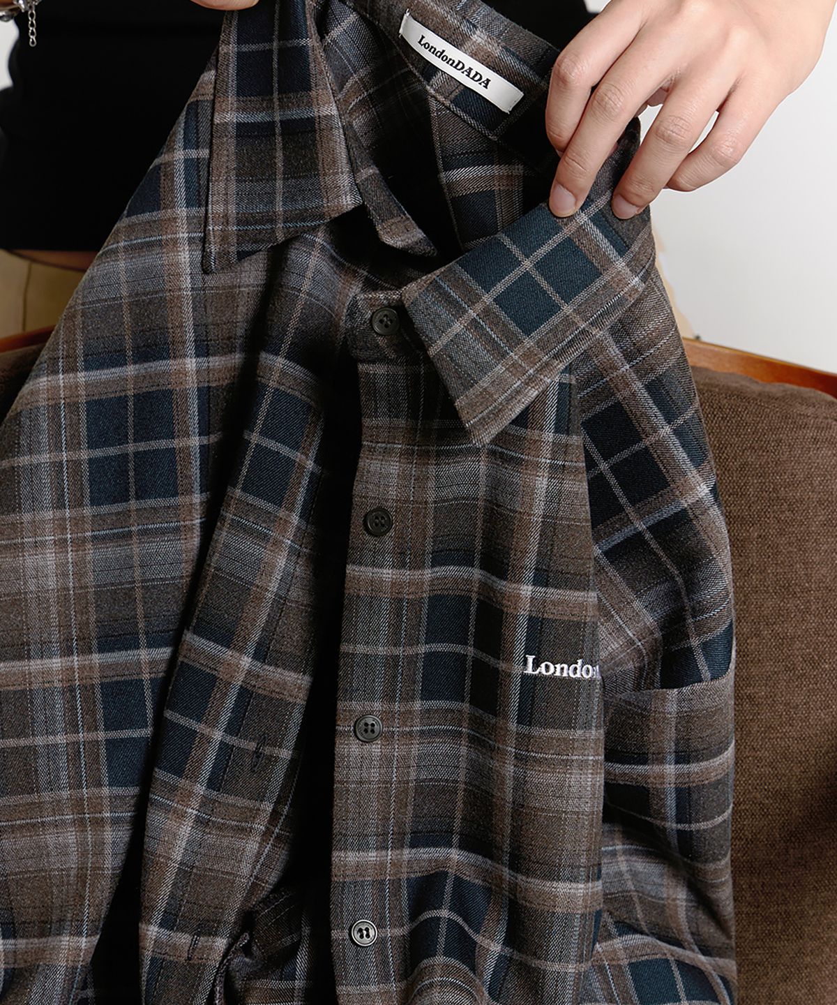 런던다다(LONDONDADA) LETTERING EMBROIDERED VINTAGE LOOSE-FIT CHECK SHIRT, GREEN