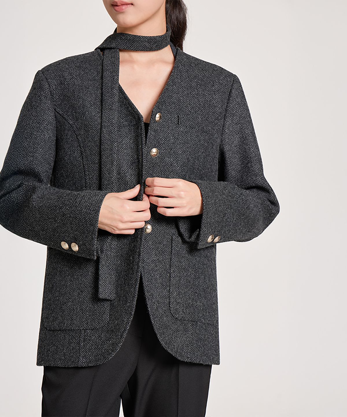 런던다다(LONDONDADA) V-NECK SCARF WOOL HALF JACKET, CHARCOAL