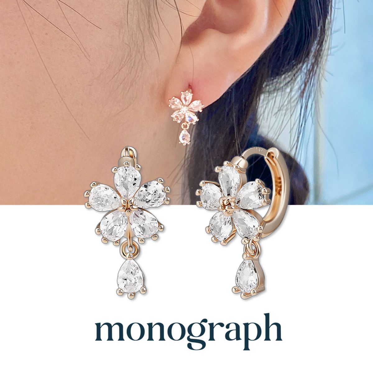 모노그래프(MONOGRAPH) 칼리아 귀걸이 MGER032S 14K Gold Plated (로즈골드+화이트 큐빅)