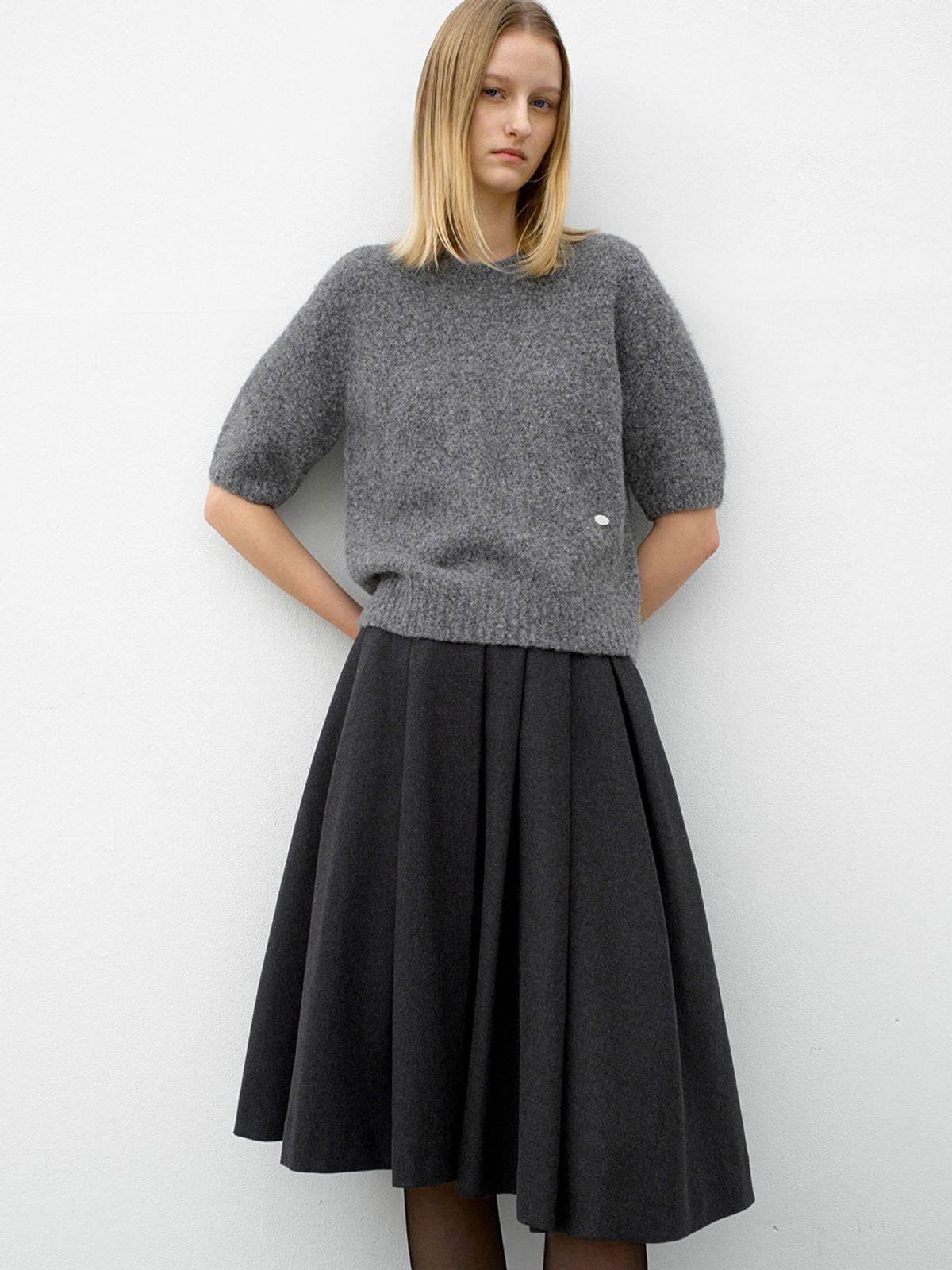아틀리에 나인(ATELIER NAIN) (SK-5065)TUCK VOLUME MIDI FLARE SKIRT