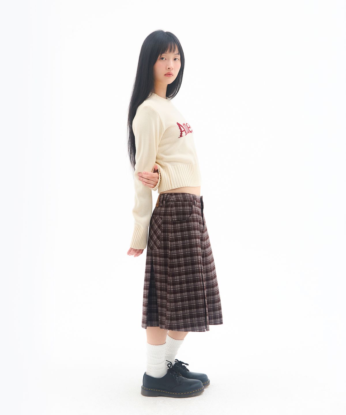 아메스 월드와이드(AMES-WORLDWIDE) CHECK PLEATS MIDI SKIRT BROWN