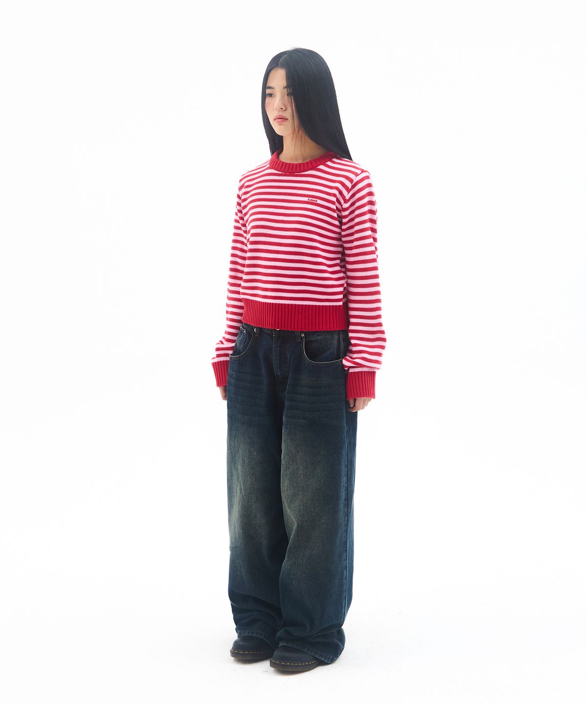 아메스 월드와이드(AMES-WORLDWIDE) BASIC SMALL LOGO STRIPE KNIT RED