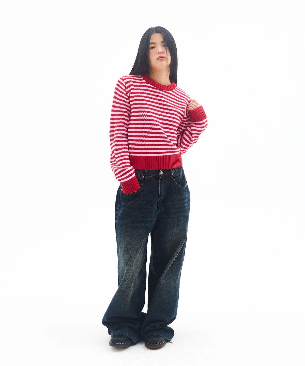 아메스 월드와이드(AMES-WORLDWIDE) BASIC SMALL LOGO STRIPE KNIT RED