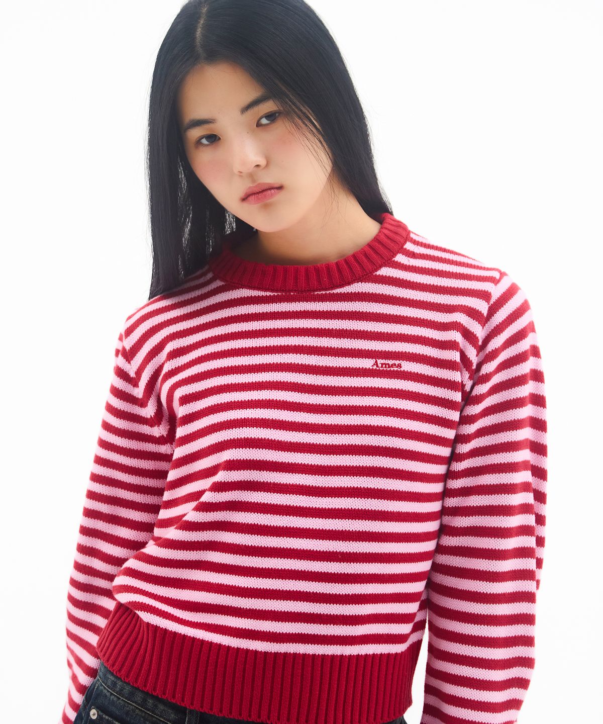아메스 월드와이드(AMES-WORLDWIDE) BASIC SMALL LOGO STRIPE KNIT RED