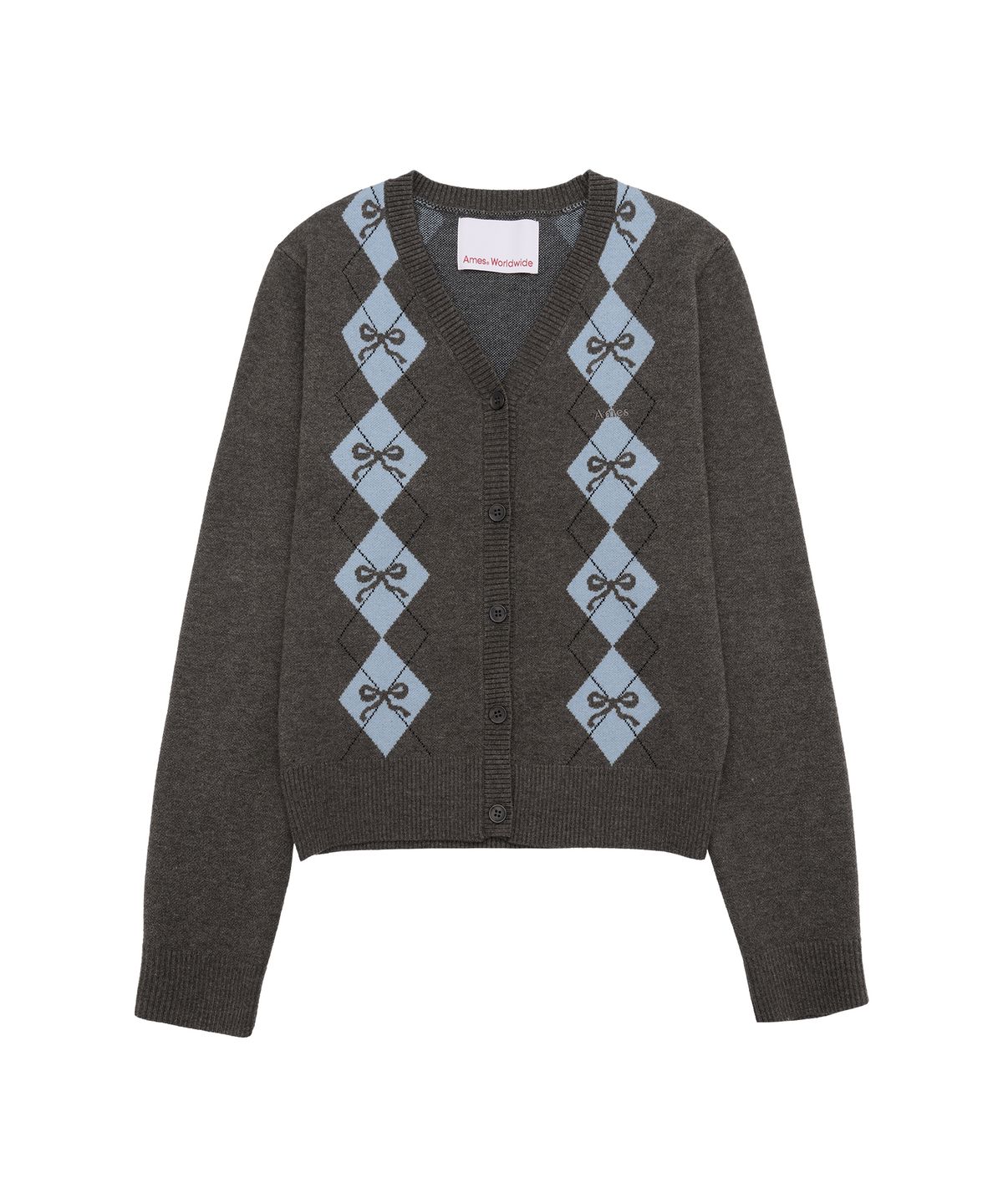 아메스 월드와이드(AMES-WORLDWIDE) CROP V NECK ARGYLE CARDIGAN CHARCOAL