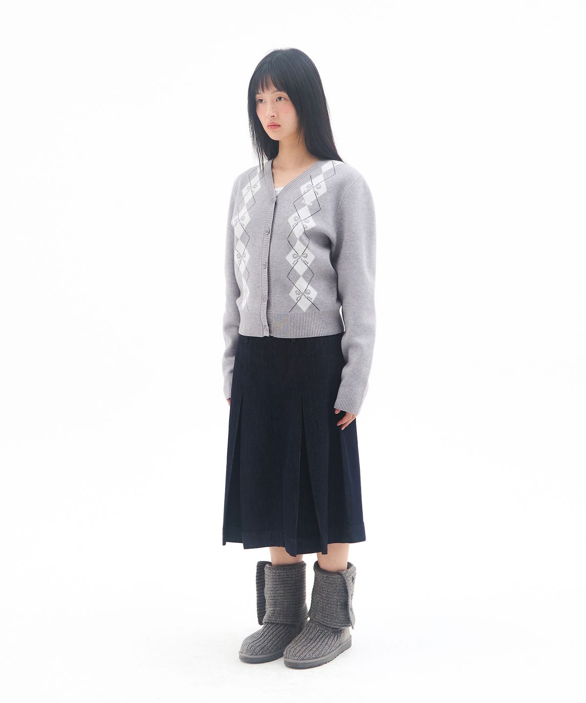 아메스 월드와이드(AMES-WORLDWIDE) CROP V NECK ARGYLE CARDIGAN GREY