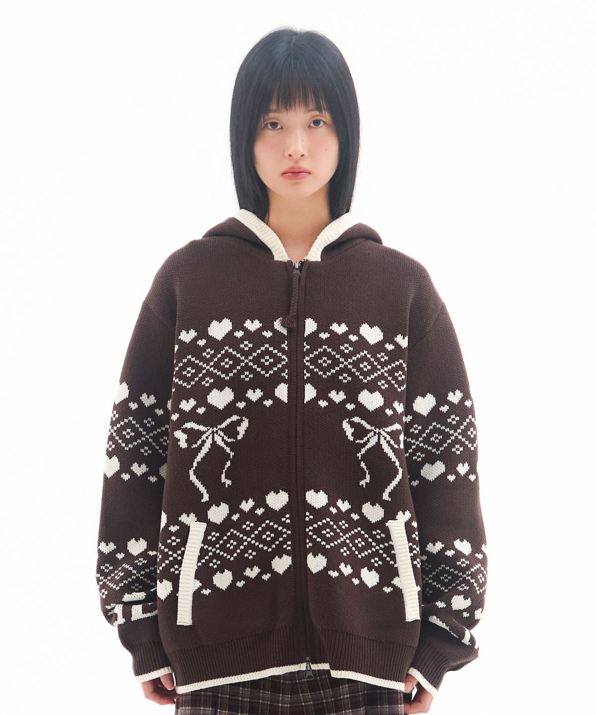 아메스 월드와이드(AMES-WORLDWIDE) COWICHAN KNIT HOODIE ZIP-UP BROWN