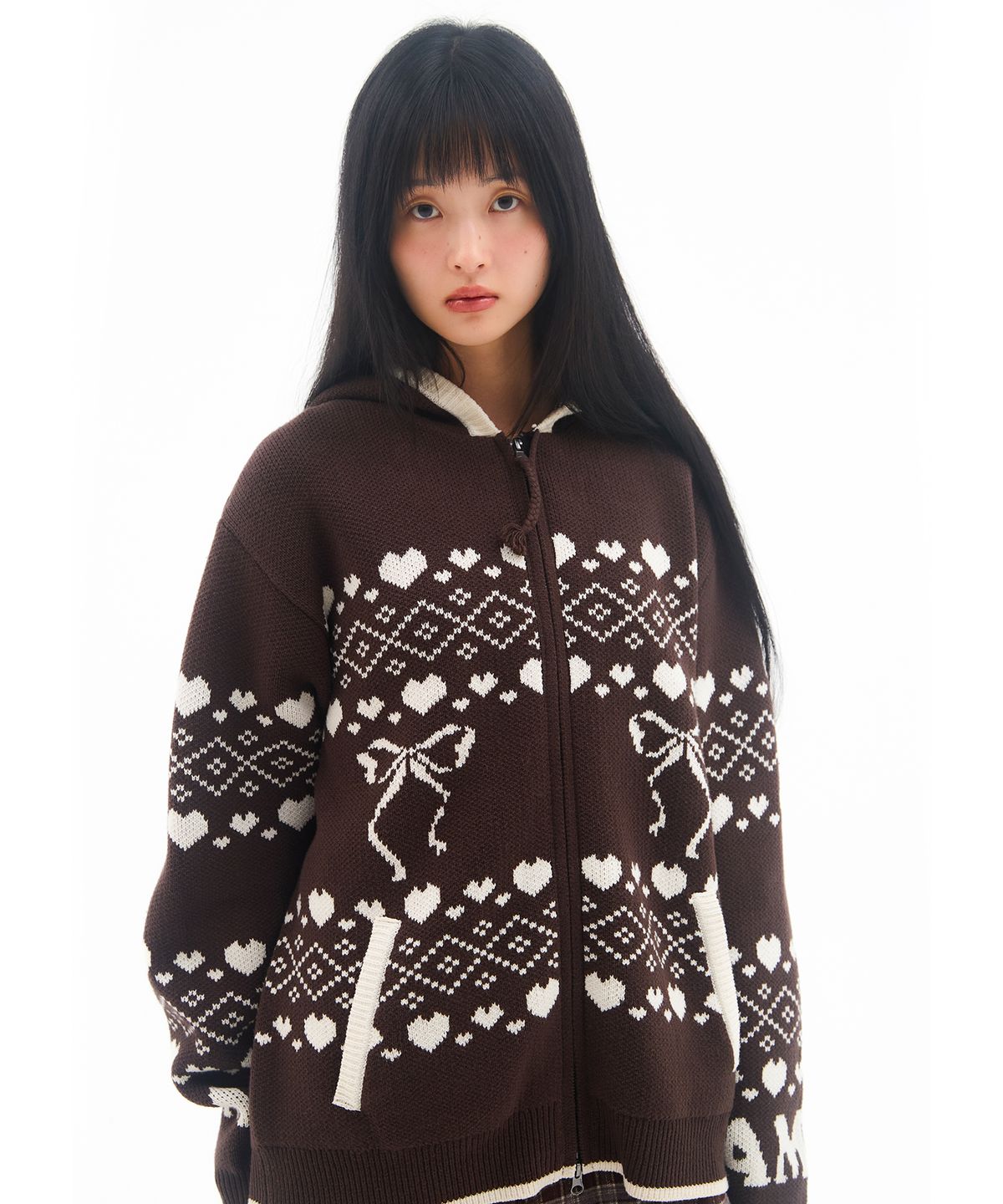 아메스 월드와이드(AMES-WORLDWIDE) COWICHAN KNIT HOODIE ZIP-UP BROWN