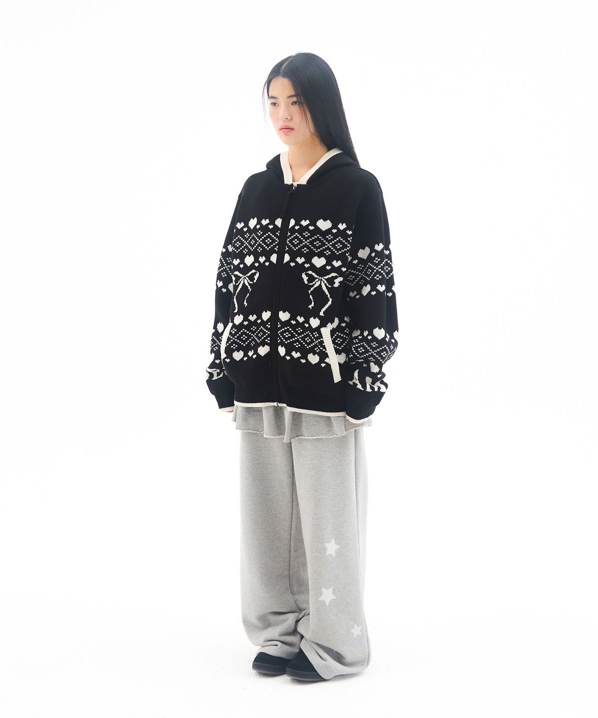 아메스 월드와이드(AMES-WORLDWIDE) COWICHAN KNIT HOODIE ZIP-UP BLACK