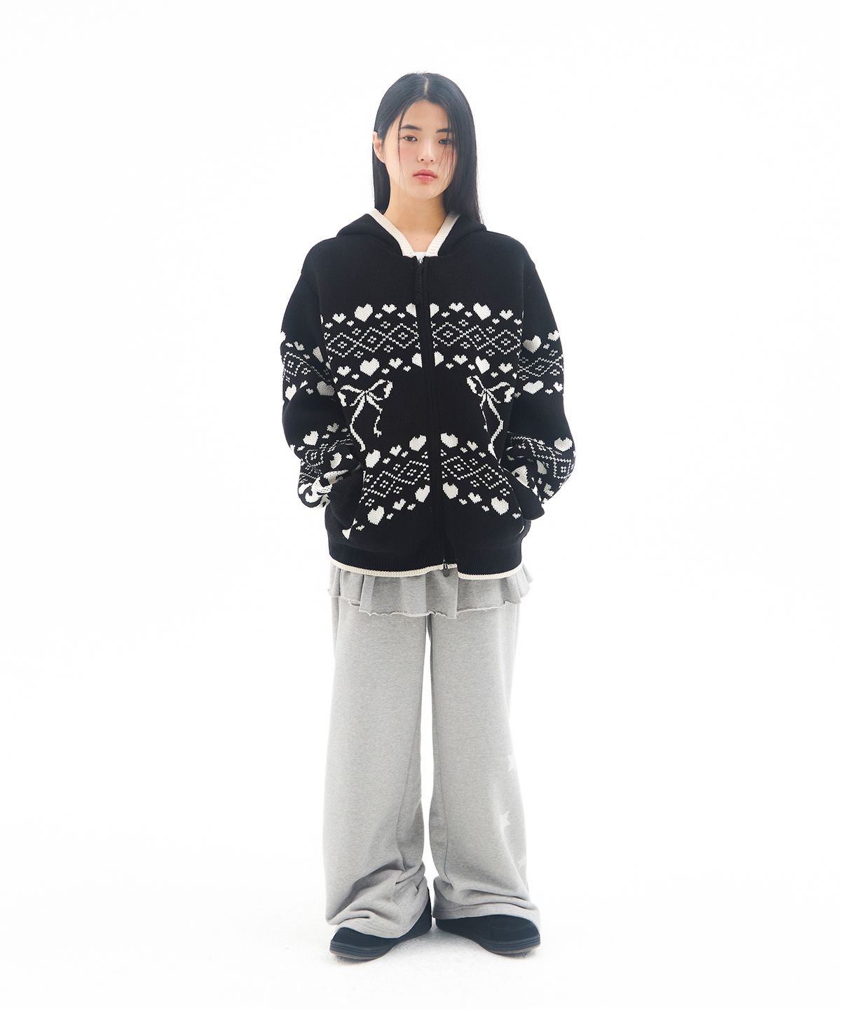 아메스 월드와이드(AMES-WORLDWIDE) COWICHAN KNIT HOODIE ZIP-UP BLACK