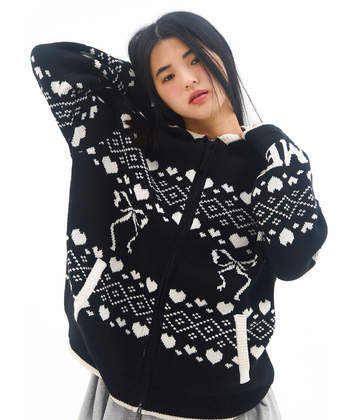 아메스 월드와이드(AMES-WORLDWIDE) COWICHAN KNIT HOODIE ZIP-UP BLACK