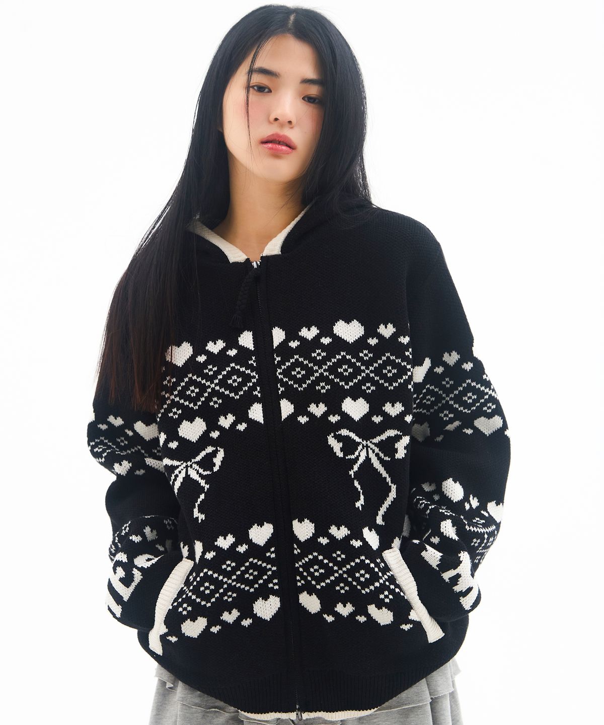 아메스 월드와이드(AMES-WORLDWIDE) COWICHAN KNIT HOODIE ZIP-UP BLACK