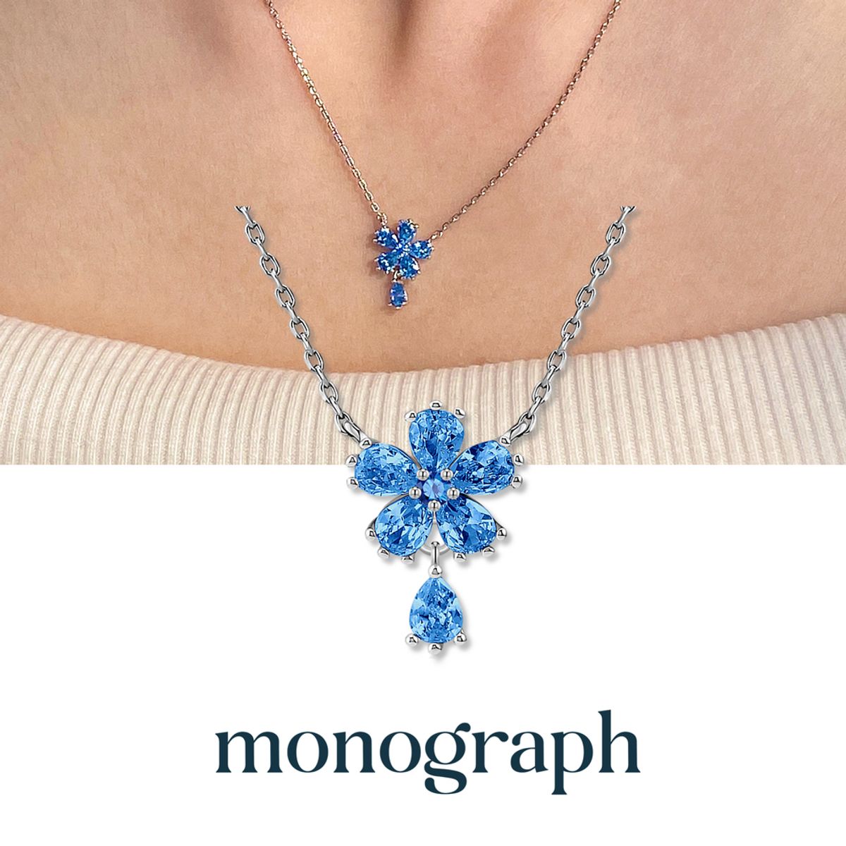 모노그래프(MONOGRAPH) 칼리아 목걸이 MGNL0393 Rhodium Plated (화이트골드+블루 큐빅)