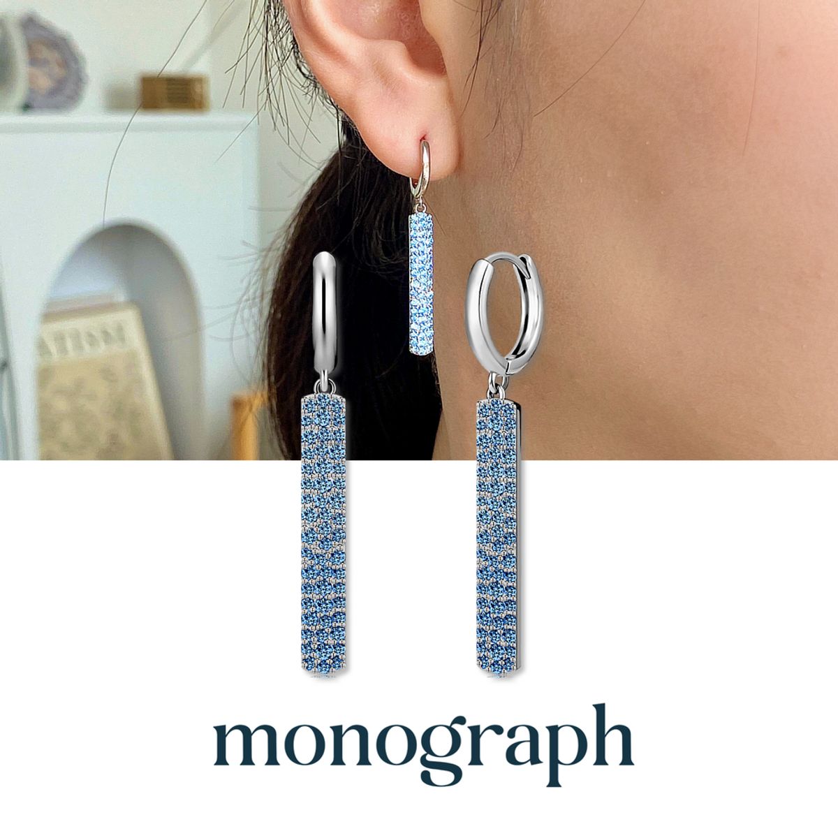 모노그래프(MONOGRAPH) 파이퍼 귀걸이 MGER0401 Rhodium Plated (화이트골드+블루 큐빅)