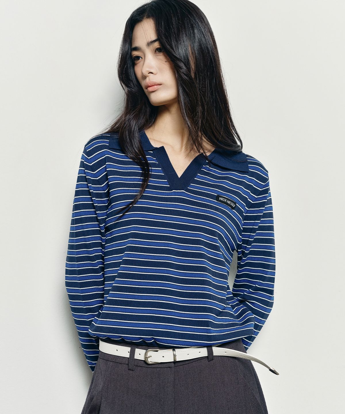 닉앤니콜(NICK&NICOLE) MULTI STRIPE V-NECK COLLAR KNIT_NAVY