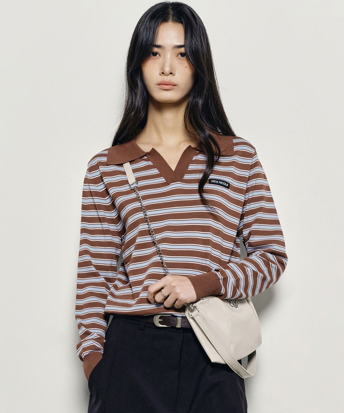닉앤니콜(NICK&NICOLE) MULTI STRIPE V-NECK COLLAR KNIT_BROWN