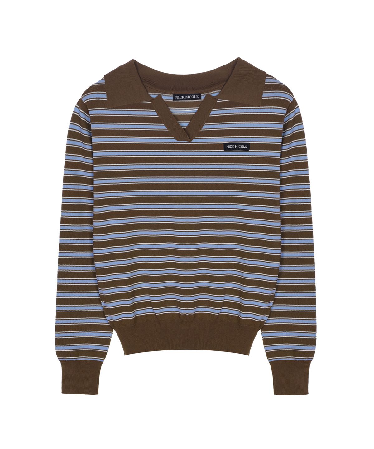 닉앤니콜(NICK&NICOLE) MULTI STRIPE V-NECK COLLAR KNIT_BROWN