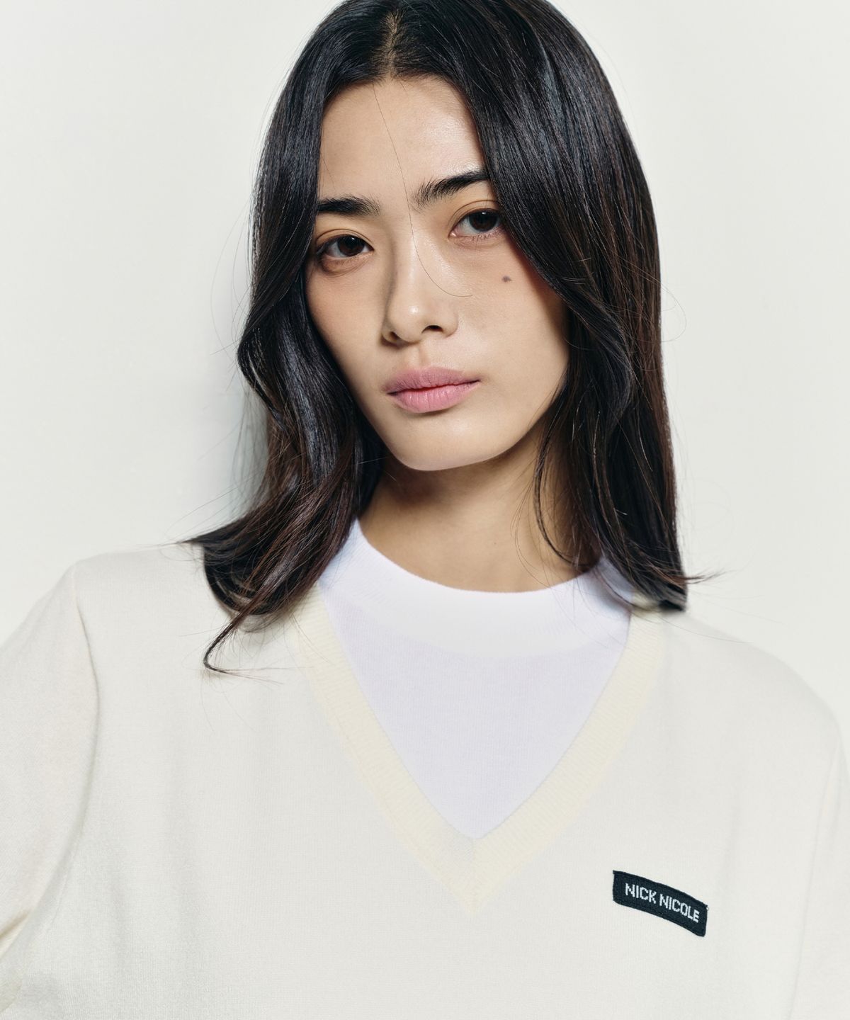 닉앤니콜(NICK&NICOLE) LAYERED ROUND V NECK KNIT_CREAM