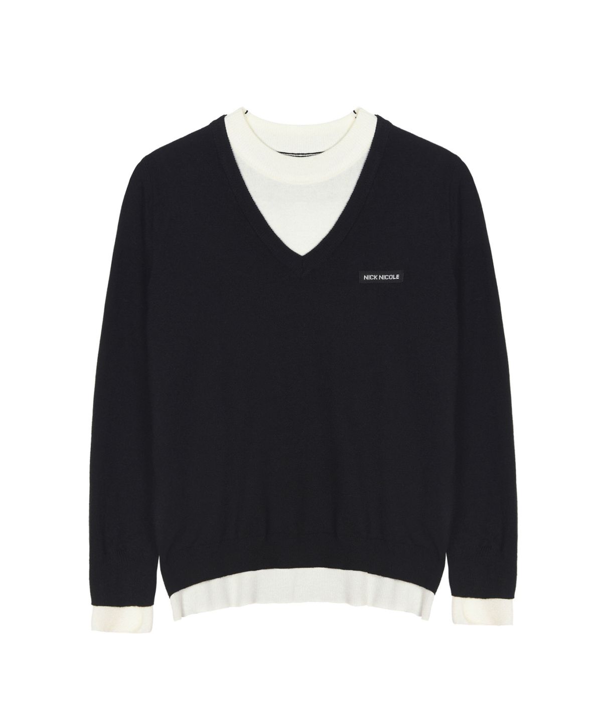 닉앤니콜(NICK&NICOLE) LAYERED ROUND V NECK KNIT_BLACK