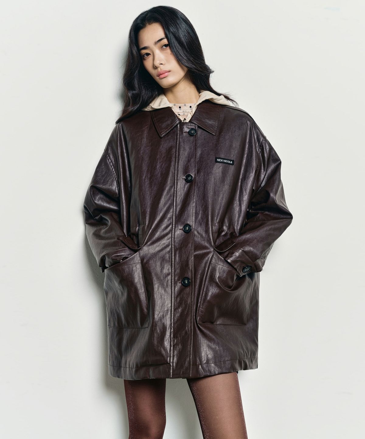 닉앤니콜(NICK&NICOLE) MIDI HALF LEATHER PADDING JACKET_BROWN